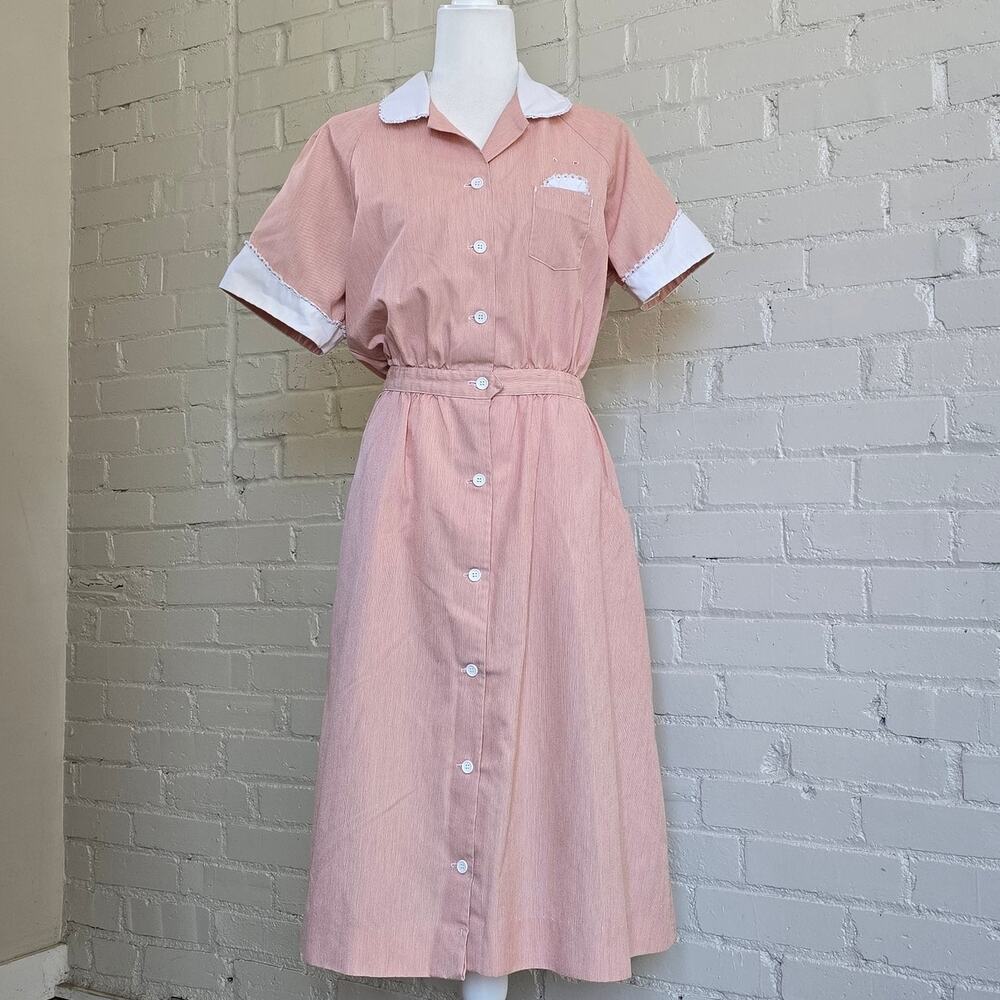 Vintage Angelica Pink Striped Retro Uniform Dress Lace Trim Size L Made in USA